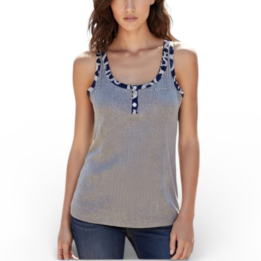 BEBE Silk Trim Heathered Gray Rhinestone Logo Tank
